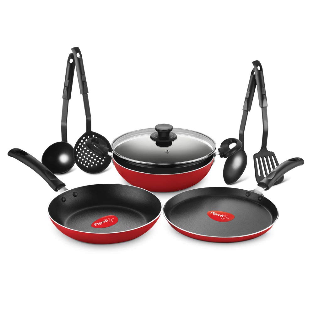 Pigeon by Stovekraft Mio Nonstick Aluminium Cookware Gift Set, Includes Nonstick Flat Tawa, Nonstick Fry Pan, Kitchen Tool Set, Kadai with Glass Lid, 8 Pieces Non-Induction Base Kitchen Set – Red