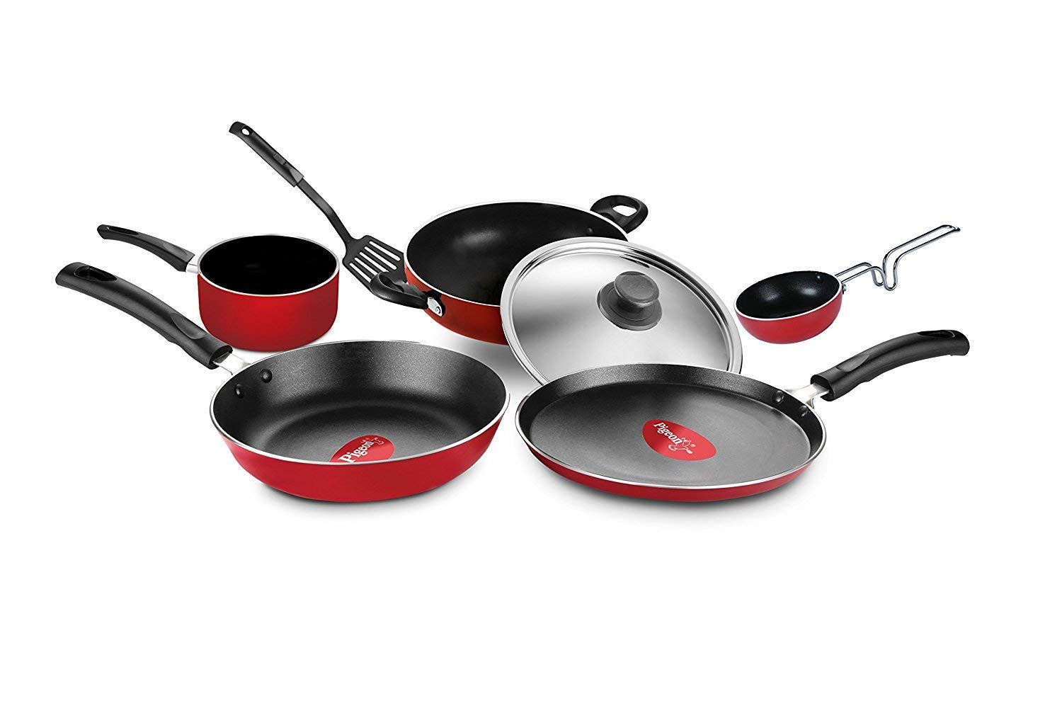 Pigeon Favourite 7 Piece Gift Set Non-Stick Coated Comes with Fry Pan, Kadhai, Lid, Sauce Pan, Spatula, Tadka Pan and a Tawa – Gas Stove Compatible (Red)