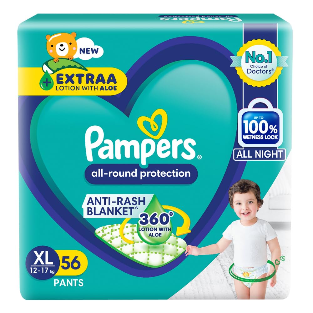 Pampers All round Protection Pants, Extra Large size baby diapers (XL) 56 Count, Lotion with Aloe Vera