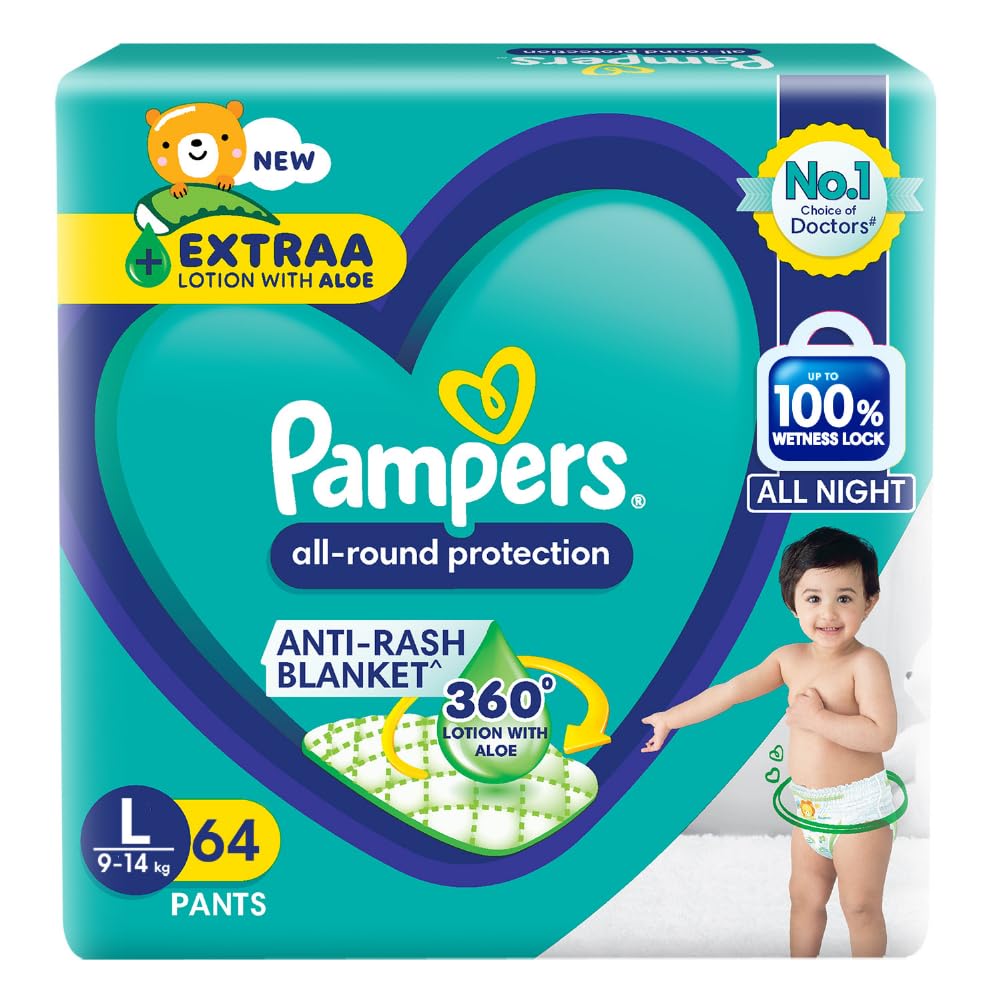 Pampers All Round Protection Pant Style Baby Diapers, Large (L), 64 Count, 9-14kg, Anti Rash Blanket, Lotion with Aloe Vera Diapers